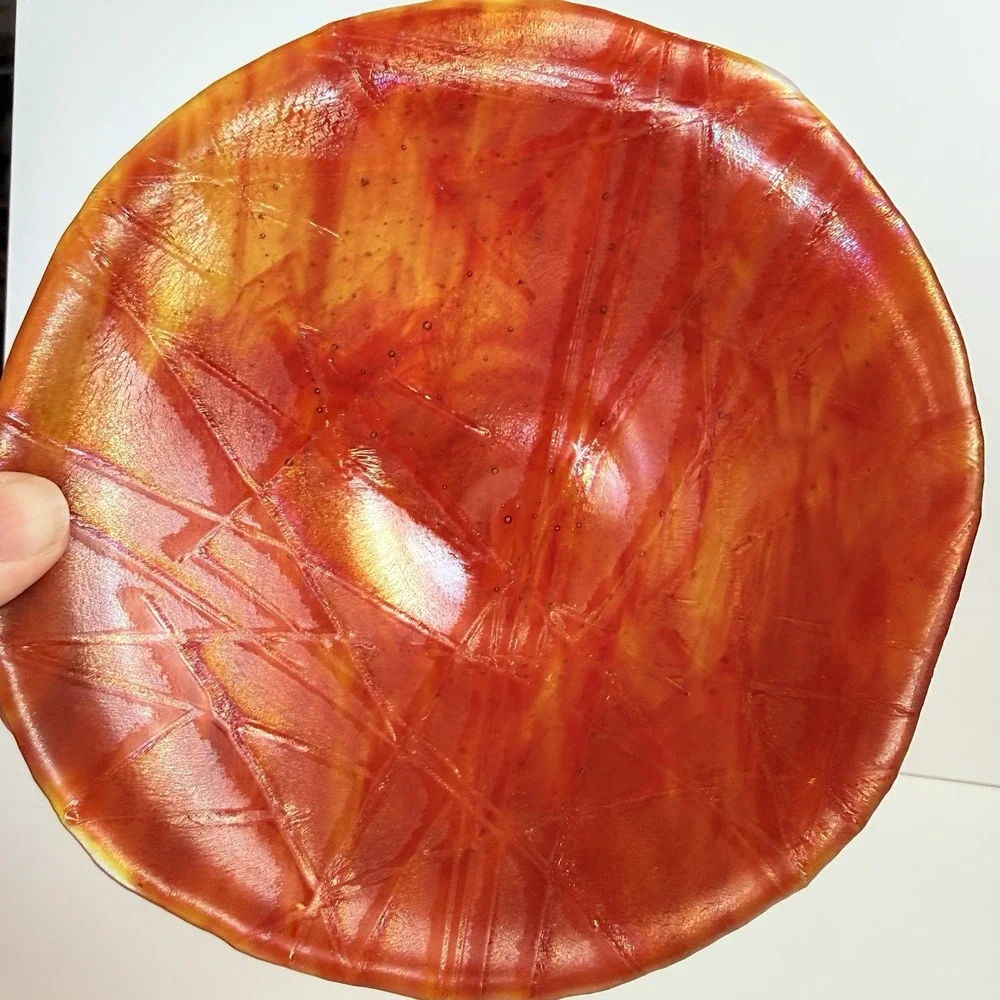 Vintage Red Orange Fused Art Glass Bowl Iridescent Abstract Line Dish